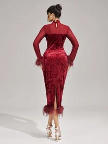 SHEIN Belle Vestido de cóctel elegante de cuello alto con contraste de malla, puño de peluche y ajuste ceñido, para uso en fiestas de vacaciones. Vestido elegante de princesa y celebridad de internet, popular para uso diario con efecto estilizador de cintura y cadera, adecuado para cenas formales, fiestas de baile, Navidad, Año Nuevo, San Valentín, boda y primavera.