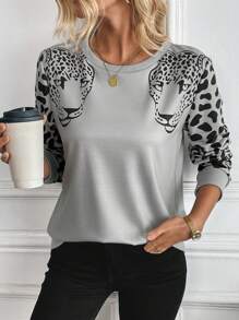 SHEIN LUNE Felpa da donna con stampa leopardata e inserti, felpa sportiva da donna per primavera e autunno, pullover casual per l'autunno - Grigio - Visualizzare 5