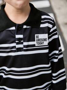 2pcs/Set Young Boy Spring Autumn Polo Collar Long Sleeve Sweatshirt + Casual Elastic Waist Wide Leg Pants, Versatile 2 Pieces Outfit - Black - View 4