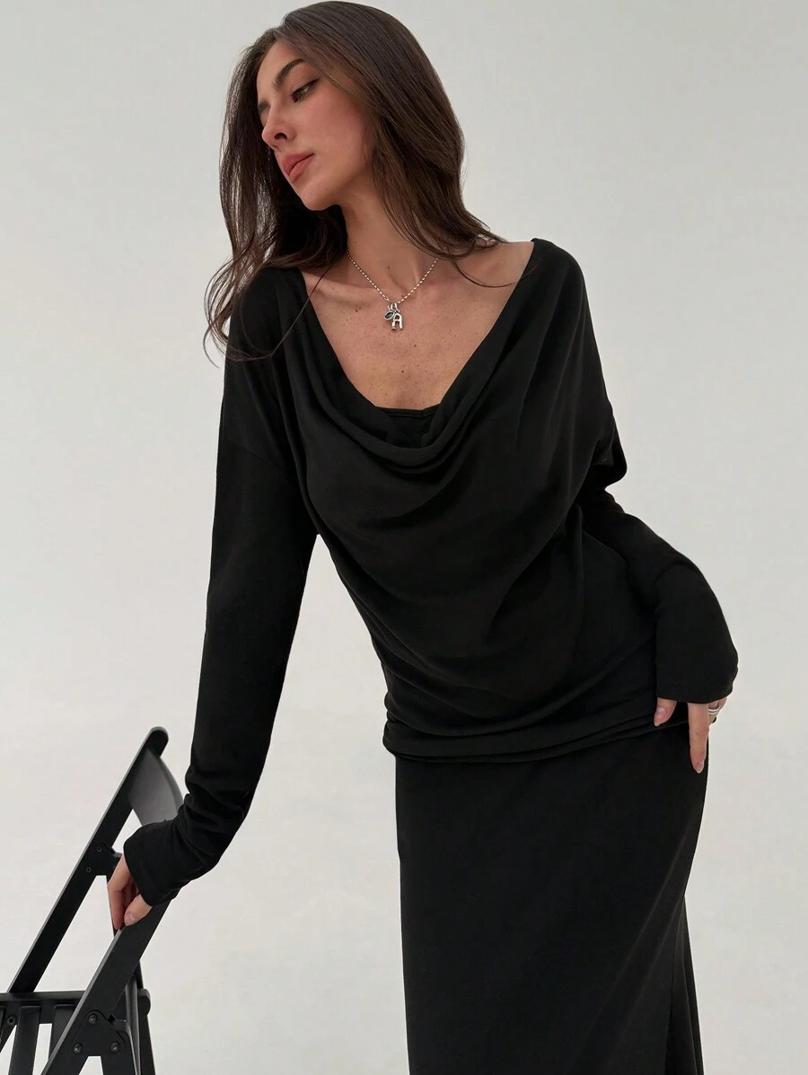 Aloruh 2pcs Versatile Elegant One Shoulder Slant Top Set, Solid Color Suitable For Going Out, Vacation, Base Layer, Comfortable Casual Wear - Black - View 1
