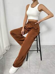 Chiquease Women Casual Versatile Elastic Waist Faux Drawstring Pocket Straight Leg Pants Fall Cloth For Women