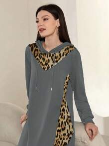 Mulvari Women Leopard Print Patchwork Hooded Sweatshirt Dress - Grey - View 8