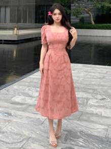DAZY Lace Allover Floral Pattern Square Neck Mid-Long Dress For Women,Milkmaid Dress
