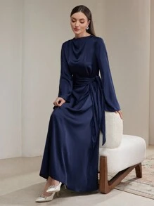 Veilorie Women Elegant Party Solid Color Flare Sleeve Arabic Long Dress Modest - Royal Blue - View 1