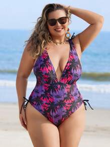 Swim Lushoire Plus Size Women Coconut Tree Print Drawstring Monokini Swimsuit For Beach Vacation Summer