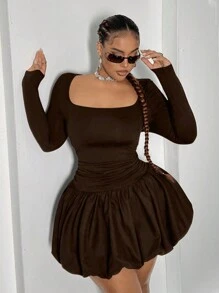 Maweii Plus Size Solid Color Waist Cinched Peplum Mini Dress, Casual For Autumn - Brown - View 5