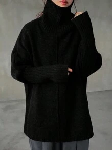 FRIFUL 女士纯色高领宽松长袖毛衣，秋冬休闲日常穿着 - 黑色 - 查看 2