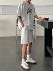 DAZY 2pcs/Set Men Letter Print T-Shirt And Shorts Set - Grey - View 5