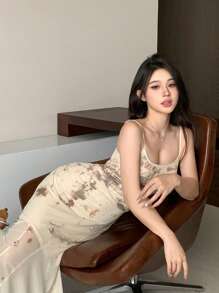 DAZY Robe en maille avec fleur incrustée sur le corps, robe mi-longue élégante en mousseline pour femme - Nude - Voir 8