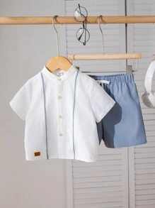 SHEIN Leap Crew 2pcs/Set Baby Boy Girl Blue And White Striped Summer Casual Vacation Decorated Ribbon Collar Short Sleeve Cardigan And Elastic Waist Shorts,Parties - Blue - View 3