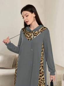 Mulvari Women Leopard Print Patchwork Hooded Sweatshirt Dress - Grey - View 5