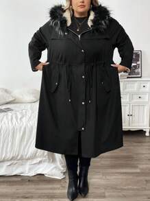 SHEIN CURVE+ Plus Size Women's Winter Long Style With Added Fleece Wool Hooded Regular Jacket