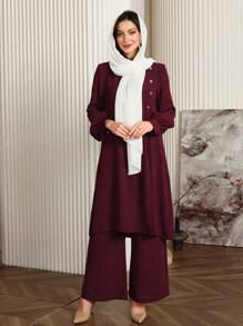 Al Najma 2pcs Women Solid Color Round Neck Long Sleeve Button Design Long Top And Wide Leg Pants Set, Autumn Fall Cloth For Women - Burgundy - View 4