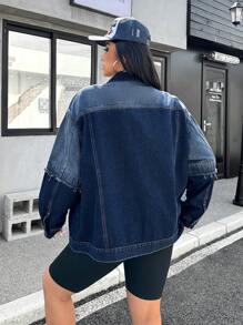 SHEIN EZwear 大码女式秋季长袖单排扣休闲磨边牛仔夹克