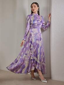 Veilorie Elegant Tie-Dye Puff Sleeve Ruffle Trim Arabic Style Dress, Autumn Modest - Multicolor - View 6
