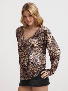 Lunelith SHEIN Lunessa 1 pieza Camiseta de manga larga holgada y cómoda con cuello en V, estampado de leopardo y cebra asimétrico y sexy para mujer, multicolor, para otoño/invierno y primavera