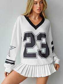 Hanevo 秋季新款休闲落肩 V 领足球字母印花针织女式连帽衫 - 黑與白 - 查看 7