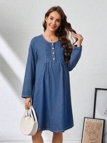 SHEIN 孕妇纽扣半襟长袖休闲牛仔连衣裙 - 中等水洗藍 - 查看 3