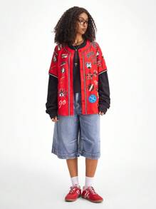 SHEIN Coolane 女式秋冬街头图案足球衬衫 - 紅色 - 查看 3