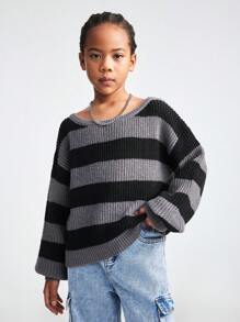 SHEIN Tween Girl Loose Fit Black & Grey Striped Round Neck Drop Shoulder Long Sleeve Sweater, Casual For Autumn/Winter - Multicolor - View 5