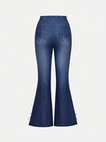 SHEIN Tween Girls Knitted Bowknot Decor Flare Pants - Blue - View 2