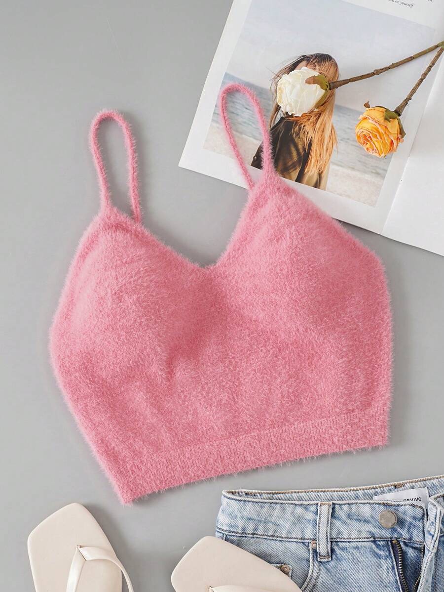 INAWLY 素色短款絨毛針織上衣 - 粉色 - 查看 1