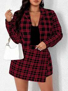 Celure Conjunto casual de 2 piezas con blazer de manga larga con estampado de pata de gallo y cuello de solapa, emparejado con una falda-pantalón asimétrica de cintura elástica