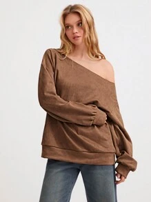 Flirla 1pc Women's Casual Versatile Classic Simple Comfortable Strapless Loose Suede-Like Long Sleeve Sweatshirt, Brown, Autumn/Winter