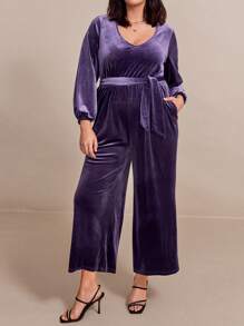 SHEIN Clasi Monos anchos con cuello en V de terciopelo, manga farol y cintura anudada para mujeres de talla grande, otoño - Morado - Ver 3