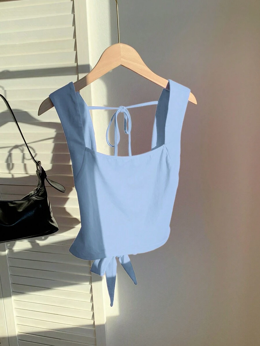 Comfortcana Summer Blue Knit Backless Tie Strap Camisole - Baby Blue - View 1