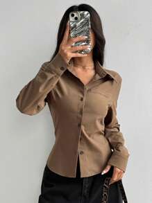 Flirla Blusa minimalista delgada de mujer en color verde oliva vintage - Verde Oliva - Ver 4