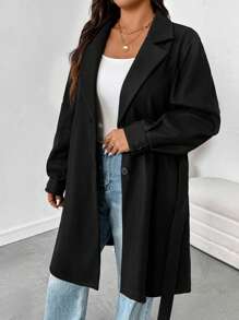 SHEIN Essnce Plus Size Women Jesień I Zima Moda Swobodna Luźna Wygodna Talia Czarny Podstawowy Klasyczny Długi Rękaw Długi Wełniany Płaszcz, Zimowe Stroje Damskie, Stroje Damskie Zachodnie, Ciepłe Płaszcze Damskie, Kurtka Zimowa, Czarny Płaszcz, Płaszcze Curve