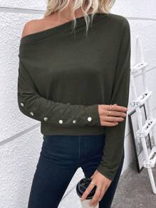 SHEIN LUNE Women Asymmetric Neckline Batwing Sleeve Casual T-Shirt, Solid Color, Autumn Fall Cloth For Women - Dark Green - View 1