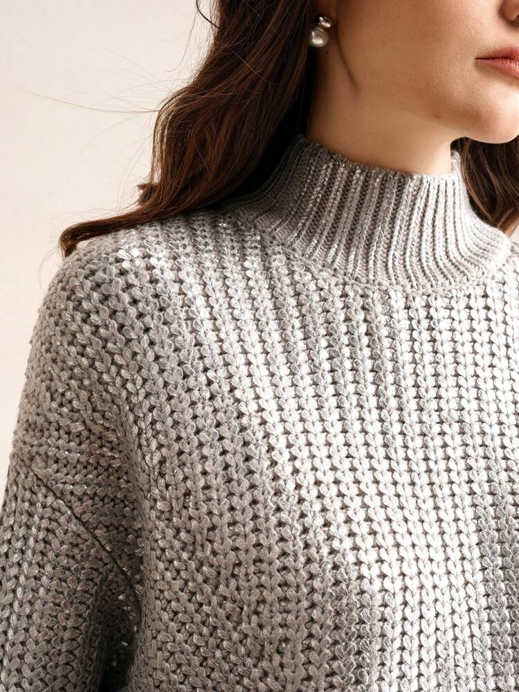 High End French Style Embossed Gold Foil High Neck Sweater Knit Pullover Fall Winter