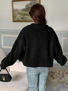 DAZY Women's Solid Color High Collar Sherpa Drop Shoulder Loose Casual Jacket - Black - View 2