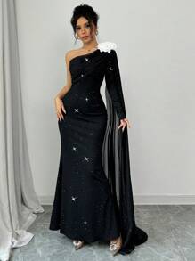 Chiquease Women 3D Floral Asymmetric Shoulder Shining Print Long Sleeve Dress Maxi Women Outfit