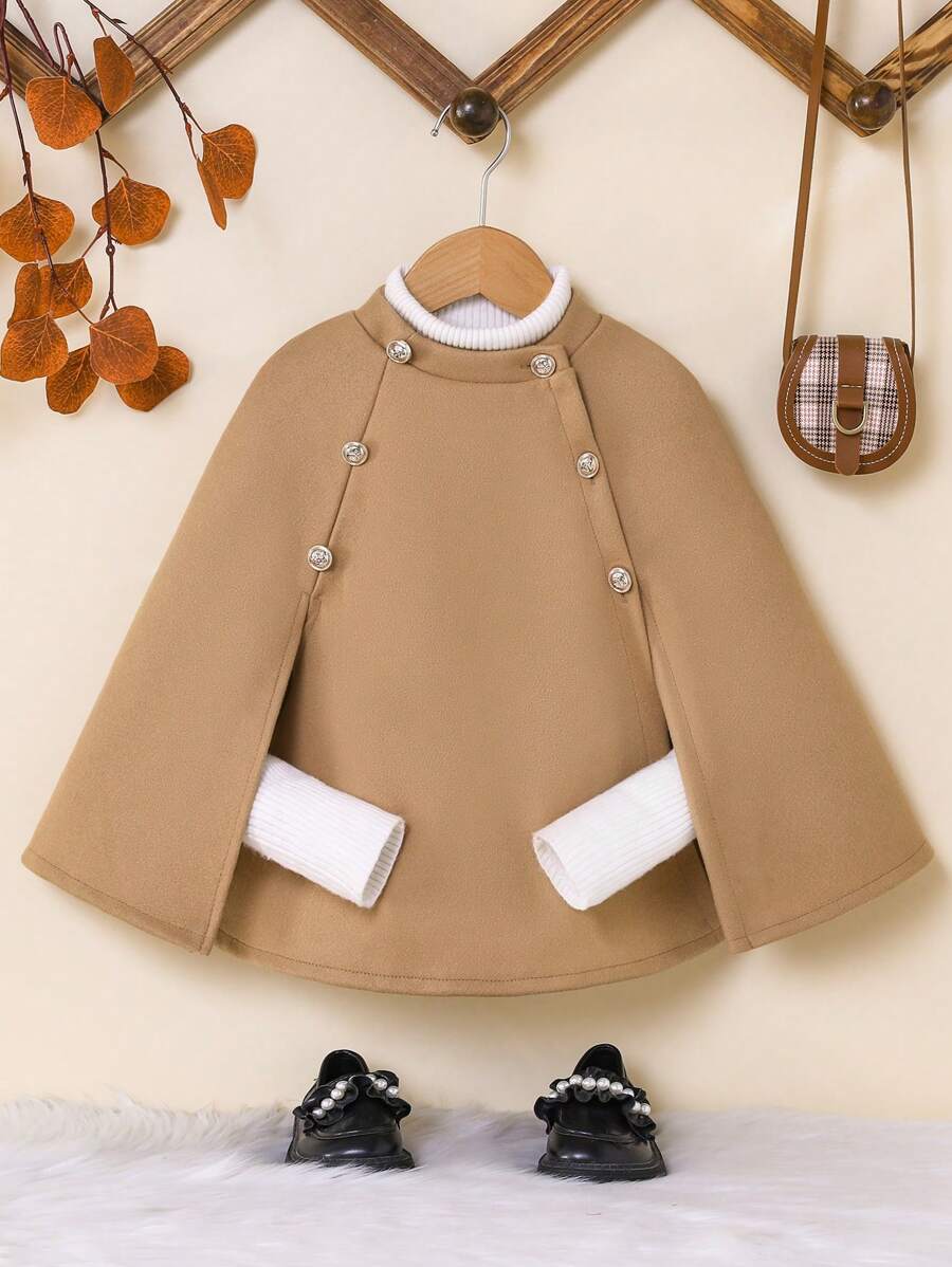 SHEIN Capa de poncho elegante con botones y parches de camello para niña, estilo otoño/invierno - Caqui - Ver 1
