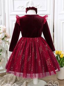 Glamorique Kids Robe de Noël et du Nouvel An pour jeunes filles, robe de luxe en velours vert avec un motif patchwork en filet de tulle élégant à manches courtes pour l'automne/hiver