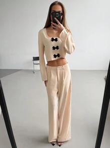 Aloruh 2 pièces Ensemble top à manches longues et pantalon long décontracté femme avec décoration de nœud, automne - Nude - Voir 6