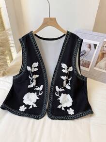 SHEIN Privé Plus Size Elegant Casual & Resort Style Western Collarless Sleeveless Short Jacket, Floral Print Vest