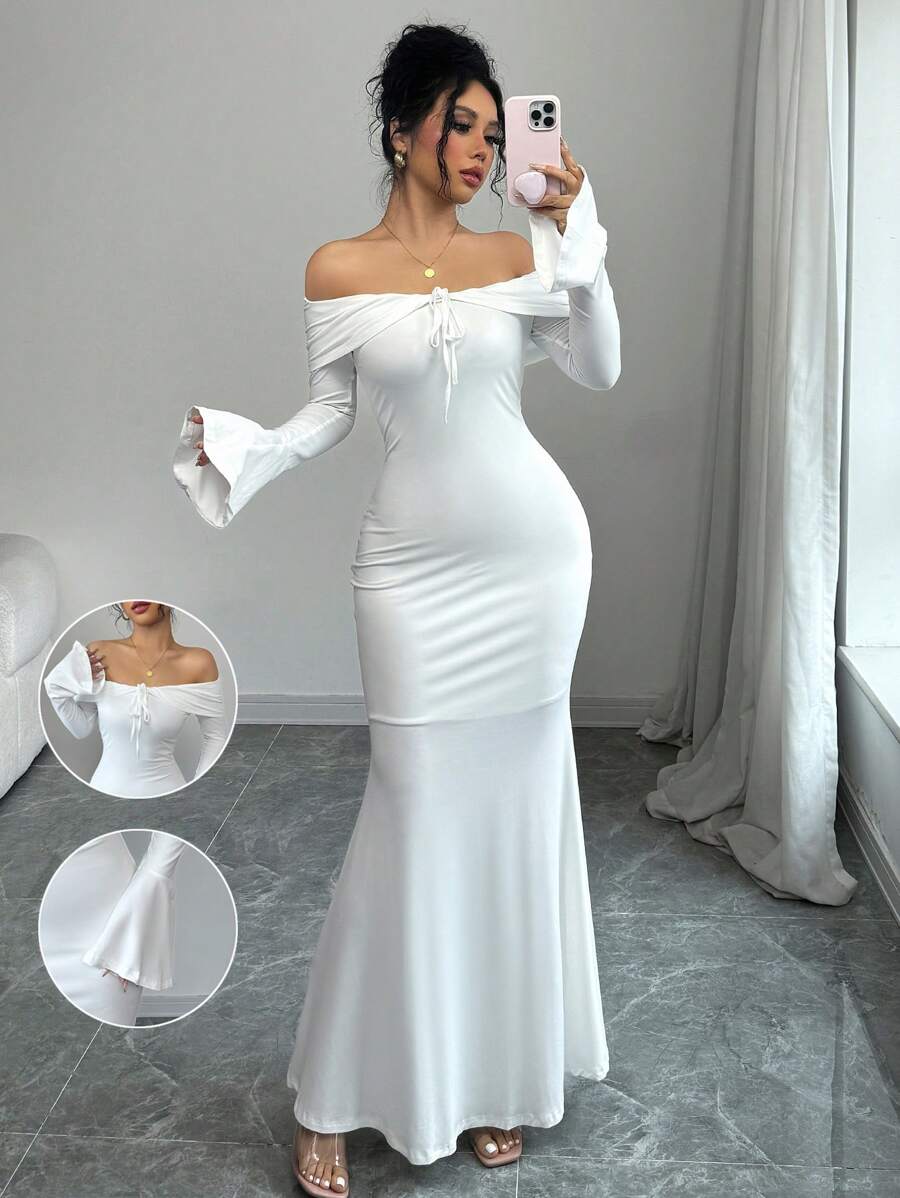 Chiquease 优雅紧身露肩长袖喇叭袖口鱼尾下摆罗纹针织白色女式长裙 - 白色 - 查看 1