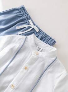 SHEIN Leap Crew 2pcs/Set Baby Boy Girl Blue And White Striped Summer Casual Vacation Decorated Ribbon Collar Short Sleeve Cardigan And Elastic Waist Shorts,Parties - Blue - View 4