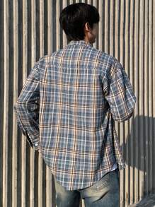 DAZY 男士休闲通勤格子印花长袖衬衫，秋季 - 藍色 - 查看 2