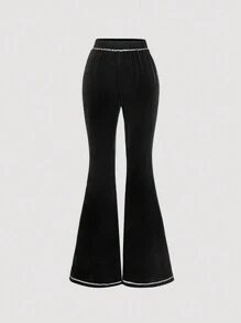 SHEIN MOD Women's Solid Color Patchwork Elastic Waist Simple Flare Pants, Casual Everyday Wear