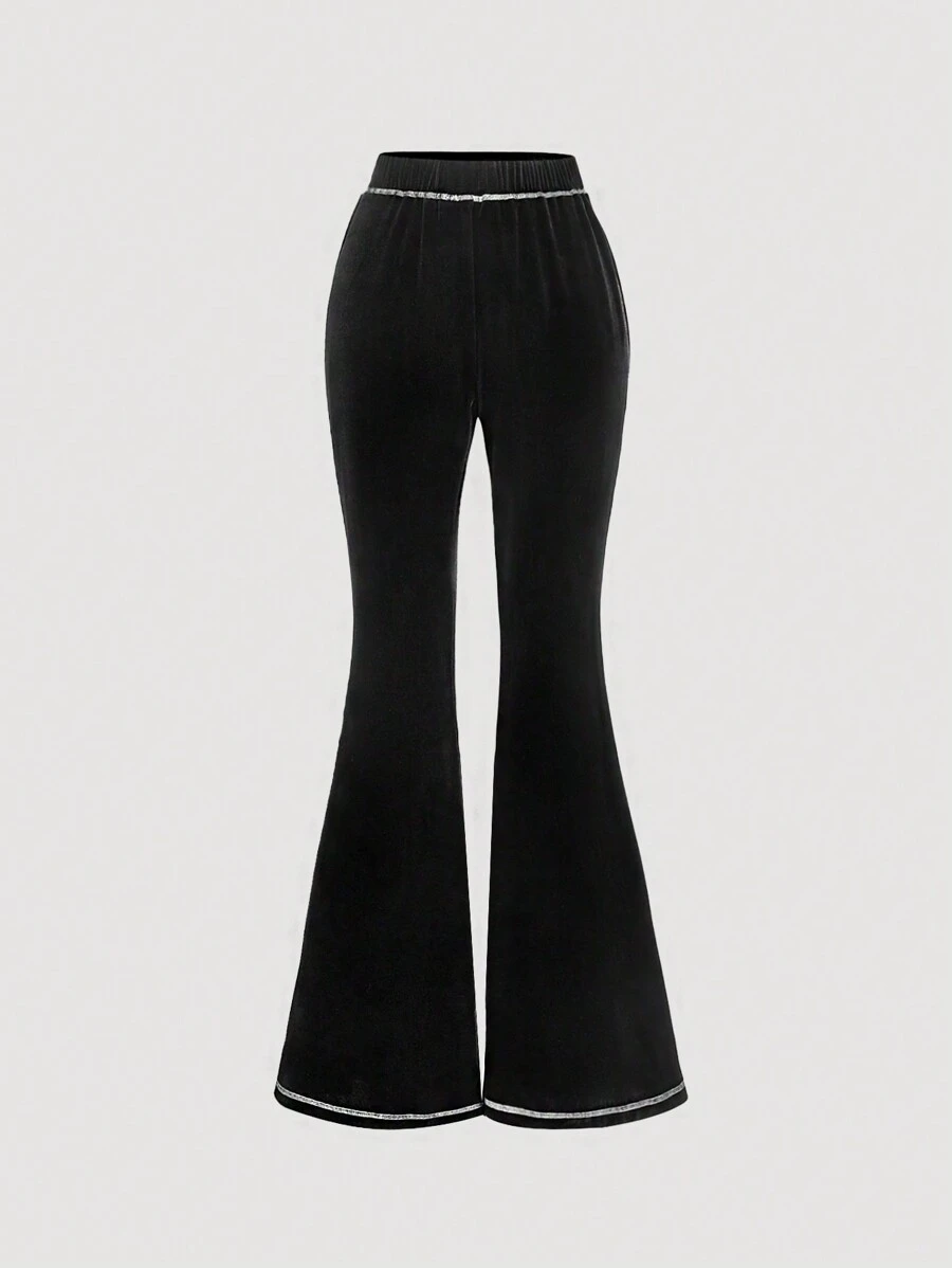 SHEIN MOD Women's Solid Color Patchwork Elastic Waist Simple Flare Pants, Casual Everyday Wear