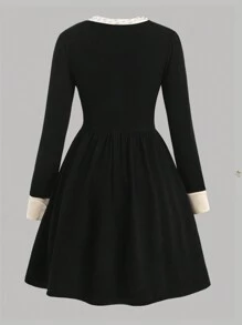 SHEIN Girlism 少女优雅复古串珠撞色长袖迷你连衣裙 - 黑色 - 查看 2