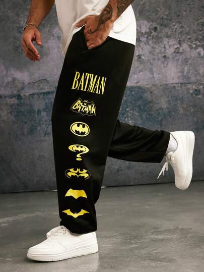 BATMAN X SHEIN 85th Men's Casual Loose Knit Pants With Multiple Classic Logo Prints, Black, For Rave
