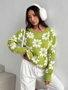 SHEIN Unity Áo len nữ cổ tròn tay raglan họa tiết hoa toàn thân, kiểu dáng thường ngày, thích hợp mặc mùa thu/đông. - màu xanh lá - Xem 6