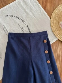 SHEIN Babygirl Cute Blue Button-Decoreted Elastic Waist Casual Pants, Summer - Blue - View 6