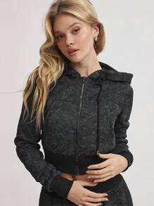 SHEIN Unity 1 件女式黑色休闲复古风格抽绳连帽袋鼠口袋拉链短款运动衫，适合秋冬季 - 黑色 - 查看 3
